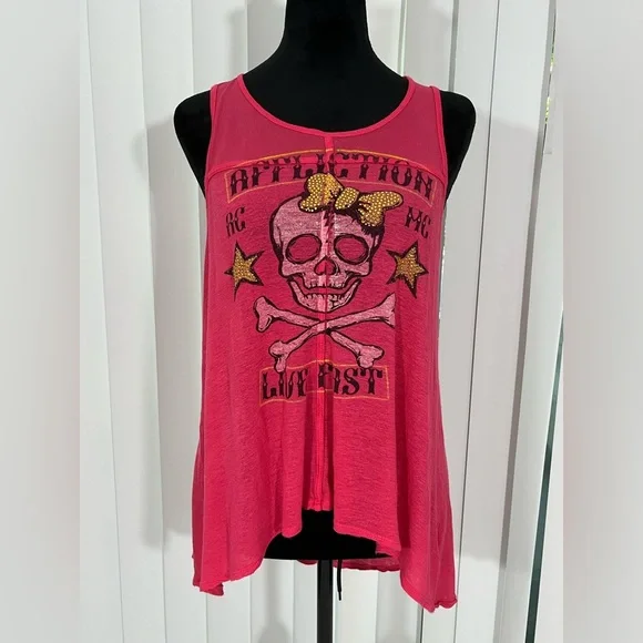 📍AFFLICTION Y2K Black Label Skull Print Lightweight Tank Top Racer Back Pink L - Picture 1 of 8
